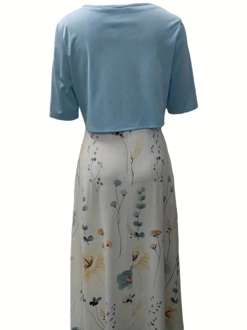 Stylowy dwuczęściowy zestaw z kwiatowym wzorem i gładkim crop topem z okrągłym dekoltem