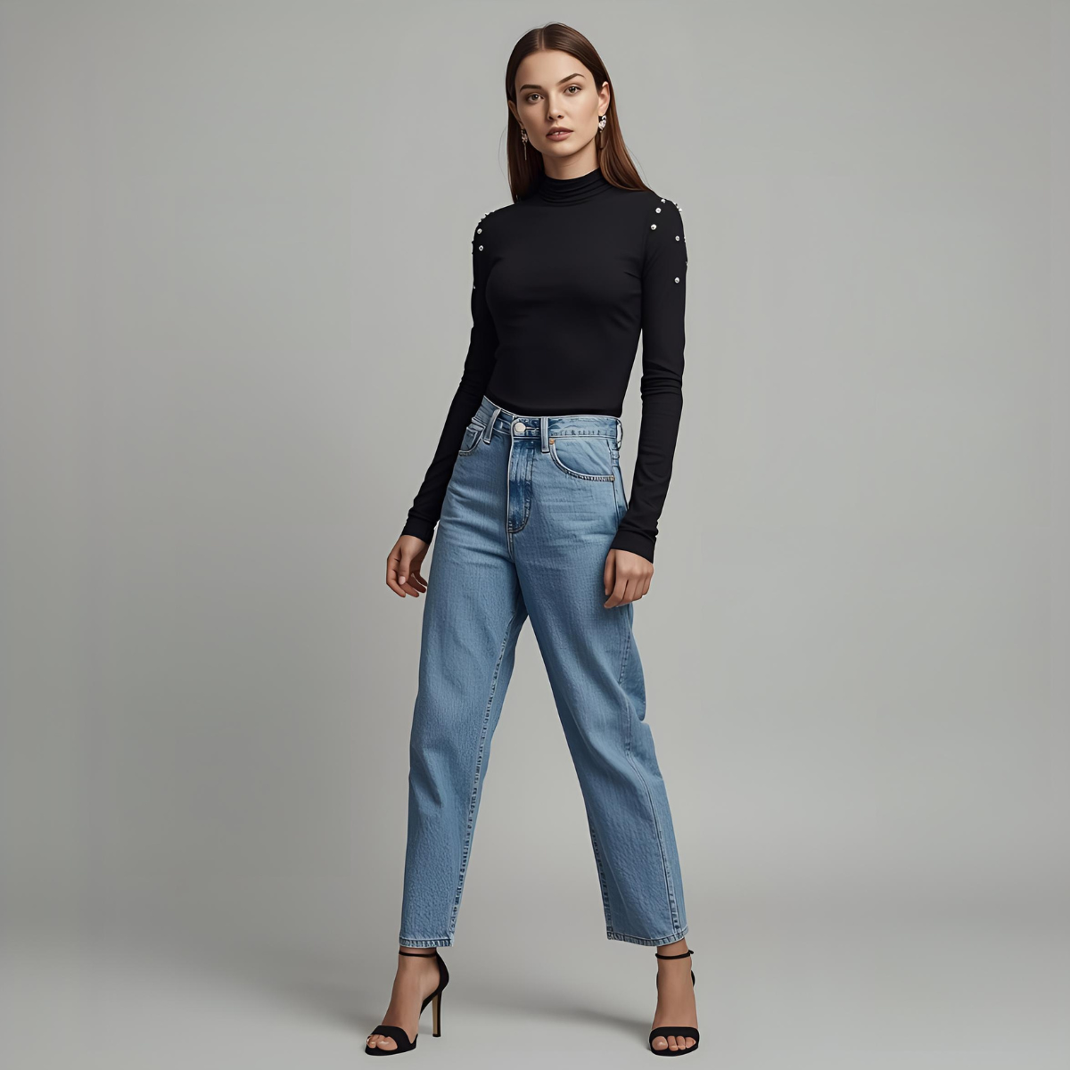 NOIRELLE | Czarny golf z ozdobnymi perłami