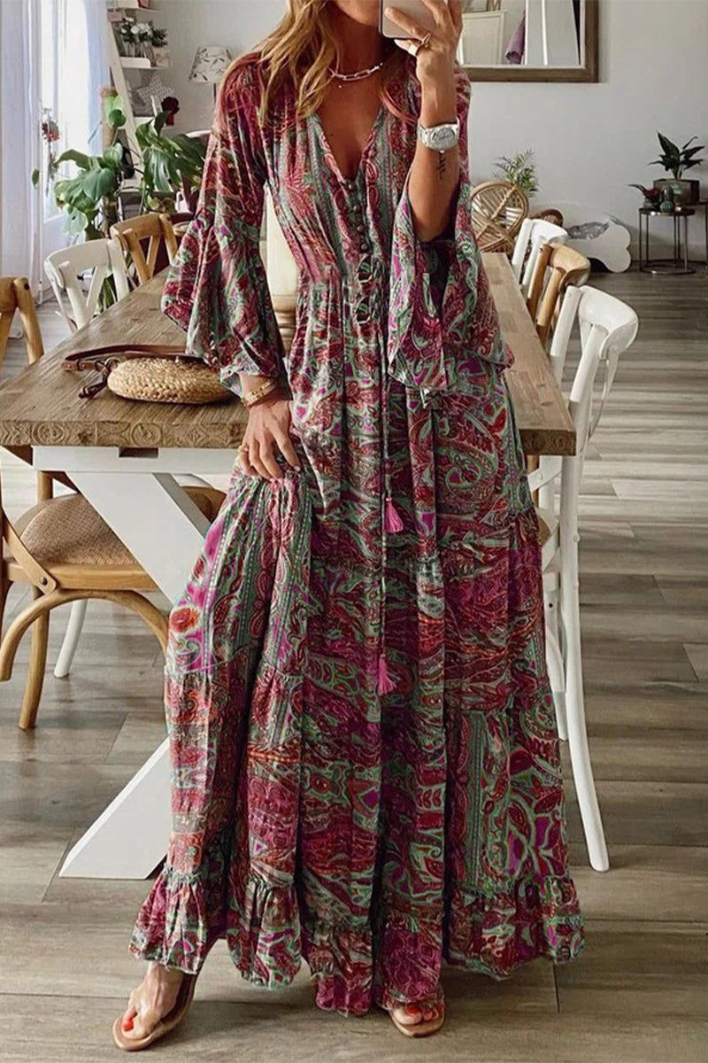 Boho Dress with V-Neck and Wide Sleeves