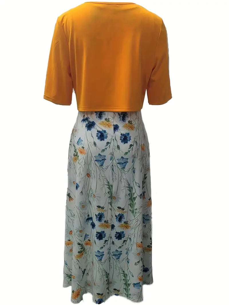 Stylowy dwuczęściowy zestaw z kwiatowym wzorem i gładkim crop topem z okrągłym dekoltem