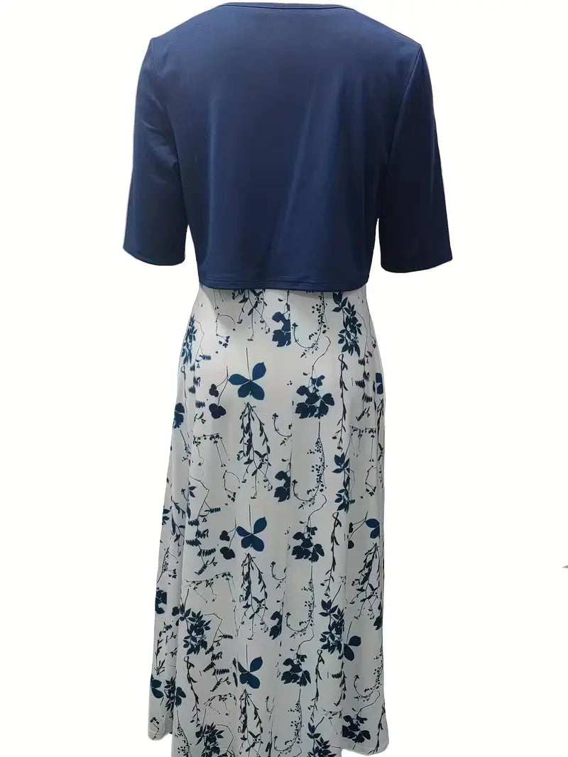 Stylowy dwuczęściowy zestaw z kwiatowym wzorem i gładkim crop topem z okrągłym dekoltem