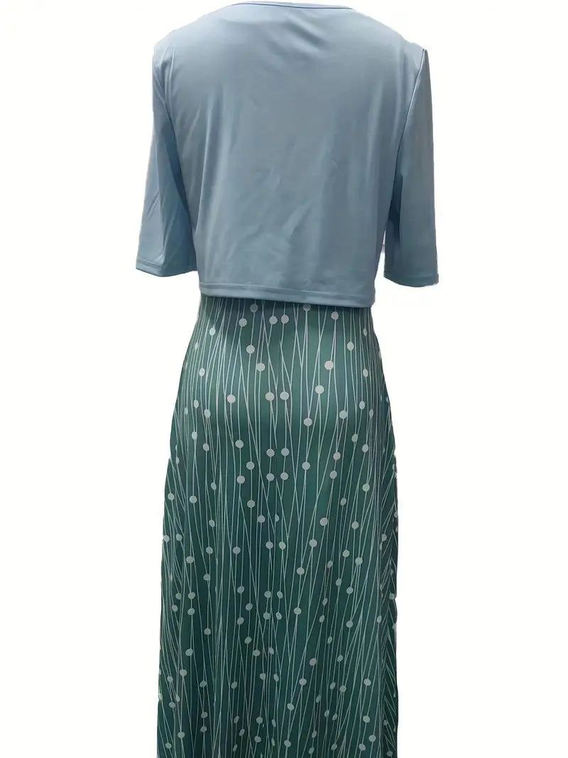 Stylowy dwuczęściowy zestaw z kwiatowym wzorem i gładkim crop topem z okrągłym dekoltem