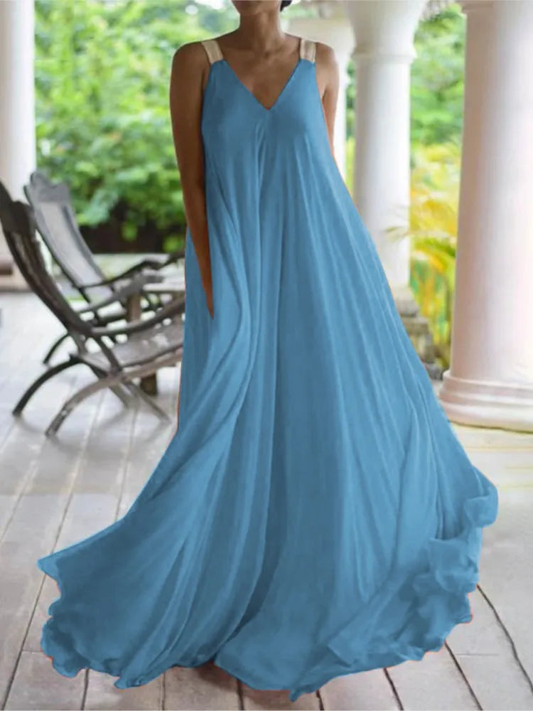 Chloë - Letnia Sukienka Maxi Bez Rękawów dla Kobiet, Styl Boho, Dekolt V, Gładka i Swobodna