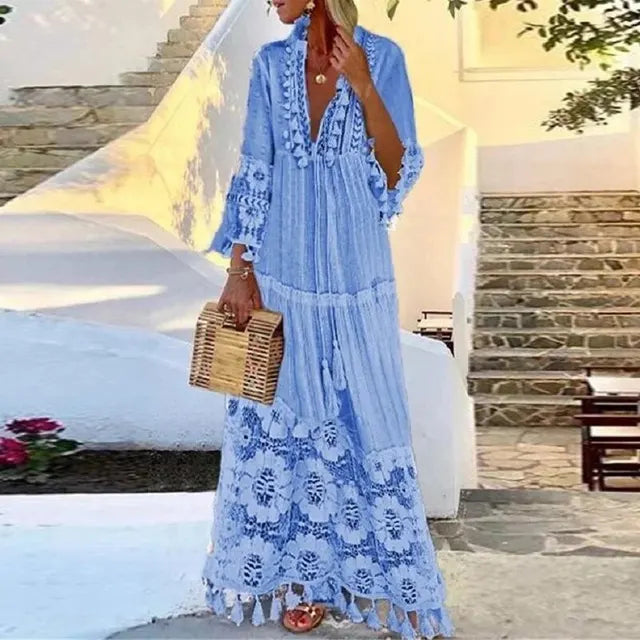 Boho Maxi Dress Adorned with Lace and Tassels