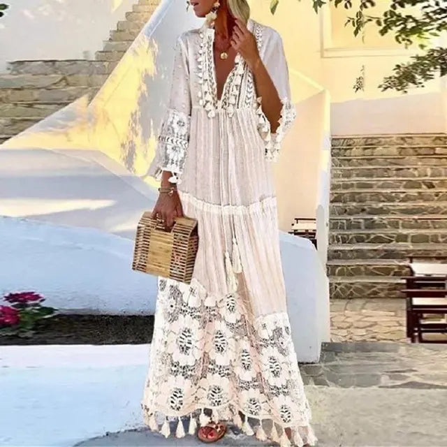 Boho Maxi Dress Adorned with Lace and Tassels