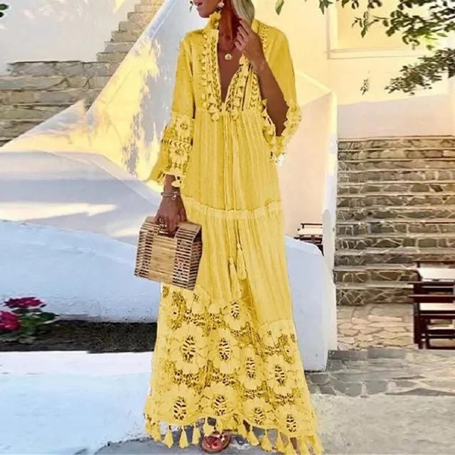 Boho Maxi Dress Adorned with Lace and Tassels
