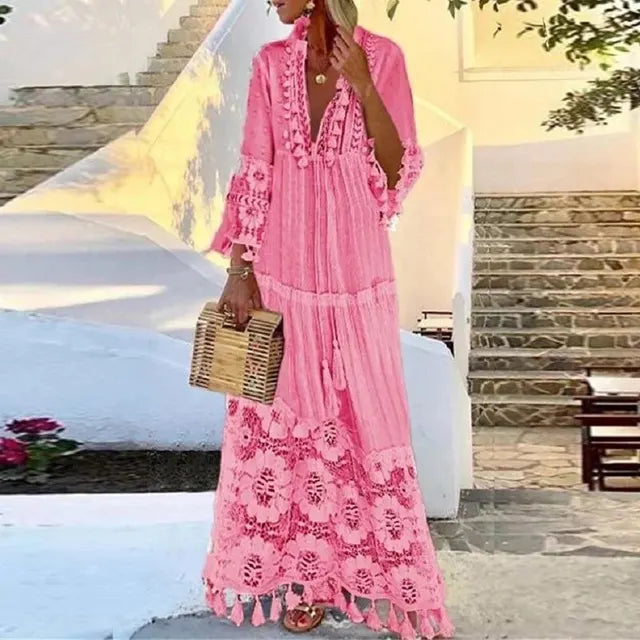 Boho Maxi Dress Adorned with Lace and Tassels