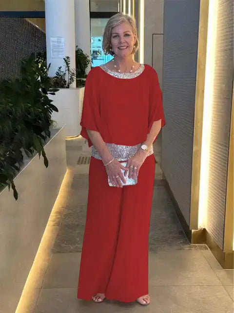 Stylowy zestaw wieczorowy: Błyszcząca bluzka i spodnie palazzo