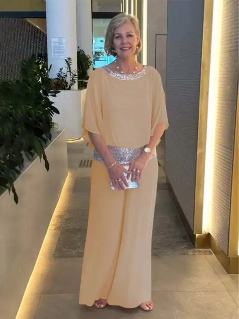 Stylowy zestaw wieczorowy: Błyszcząca bluzka i spodnie palazzo