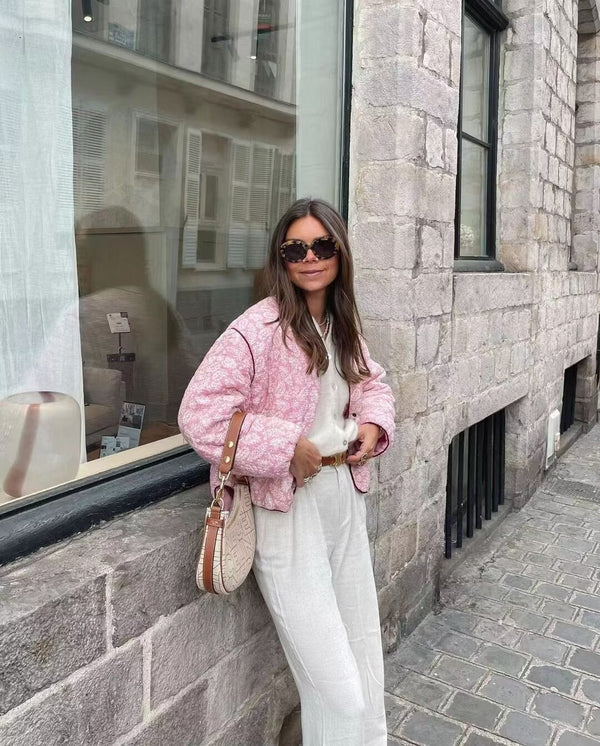 BLOOM – Damska różowa kurtka pikowana patchworkowa