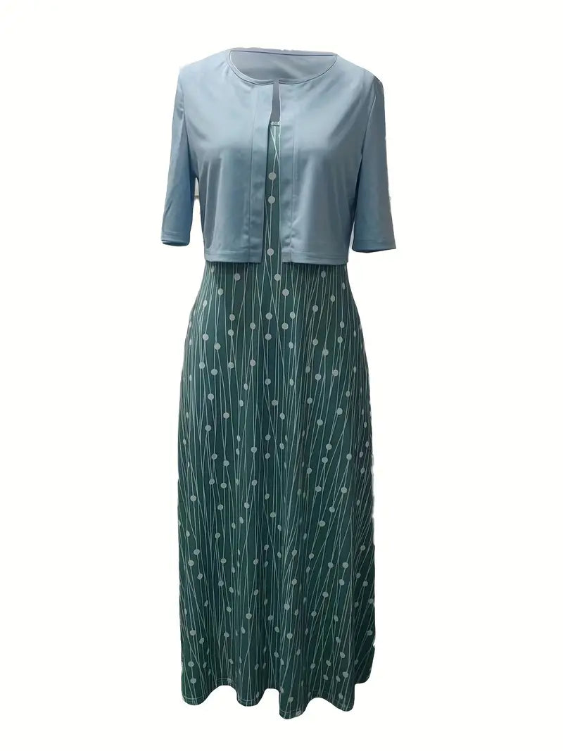 Stylowy dwuczęściowy zestaw z kwiatowym wzorem i gładkim crop topem z okrągłym dekoltem