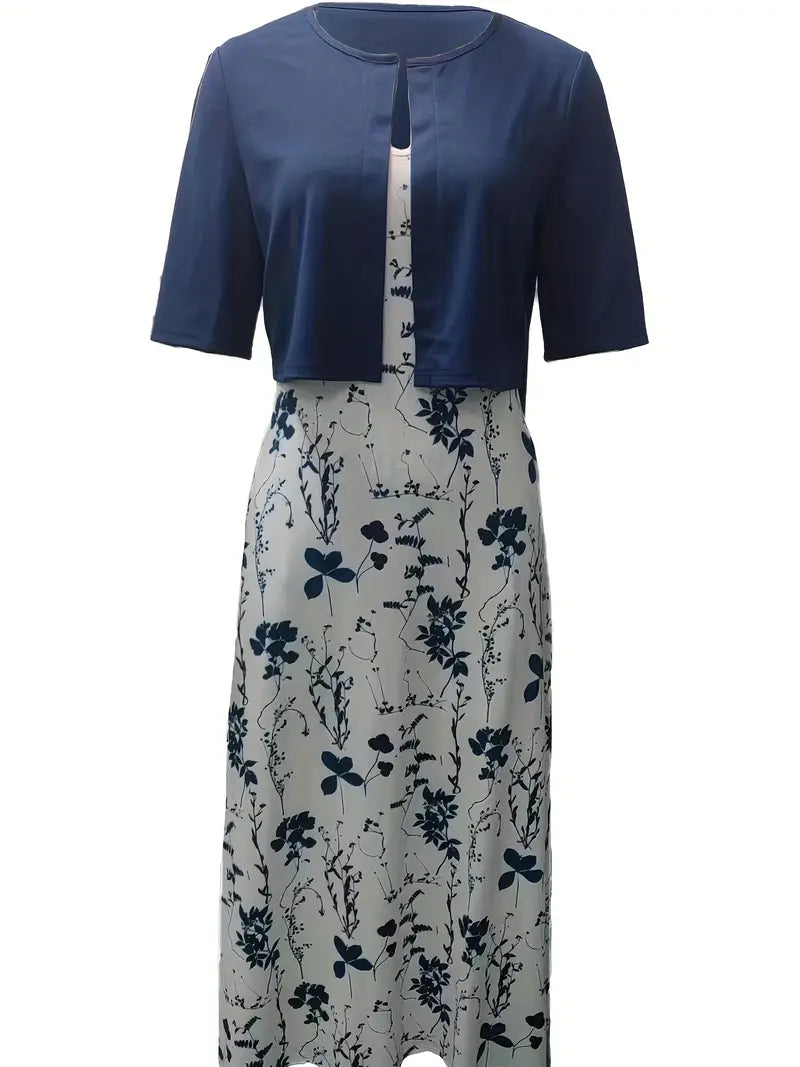 Stylowy dwuczęściowy zestaw z kwiatowym wzorem i gładkim crop topem z okrągłym dekoltem